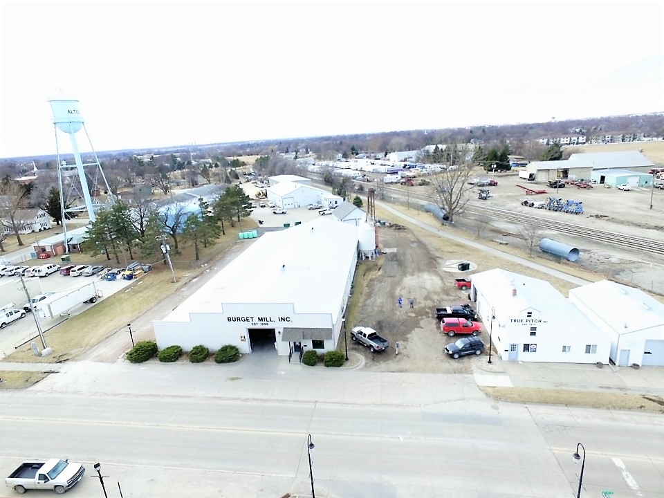 Aerial view of Burget Mill in 2017 showing the full property from above