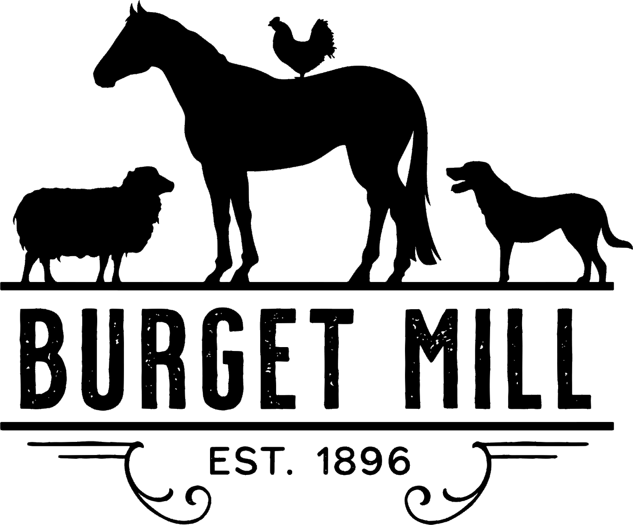 Burget Mill logo — horse, sheep, chicken, and dog silhouettes with Est. 1896